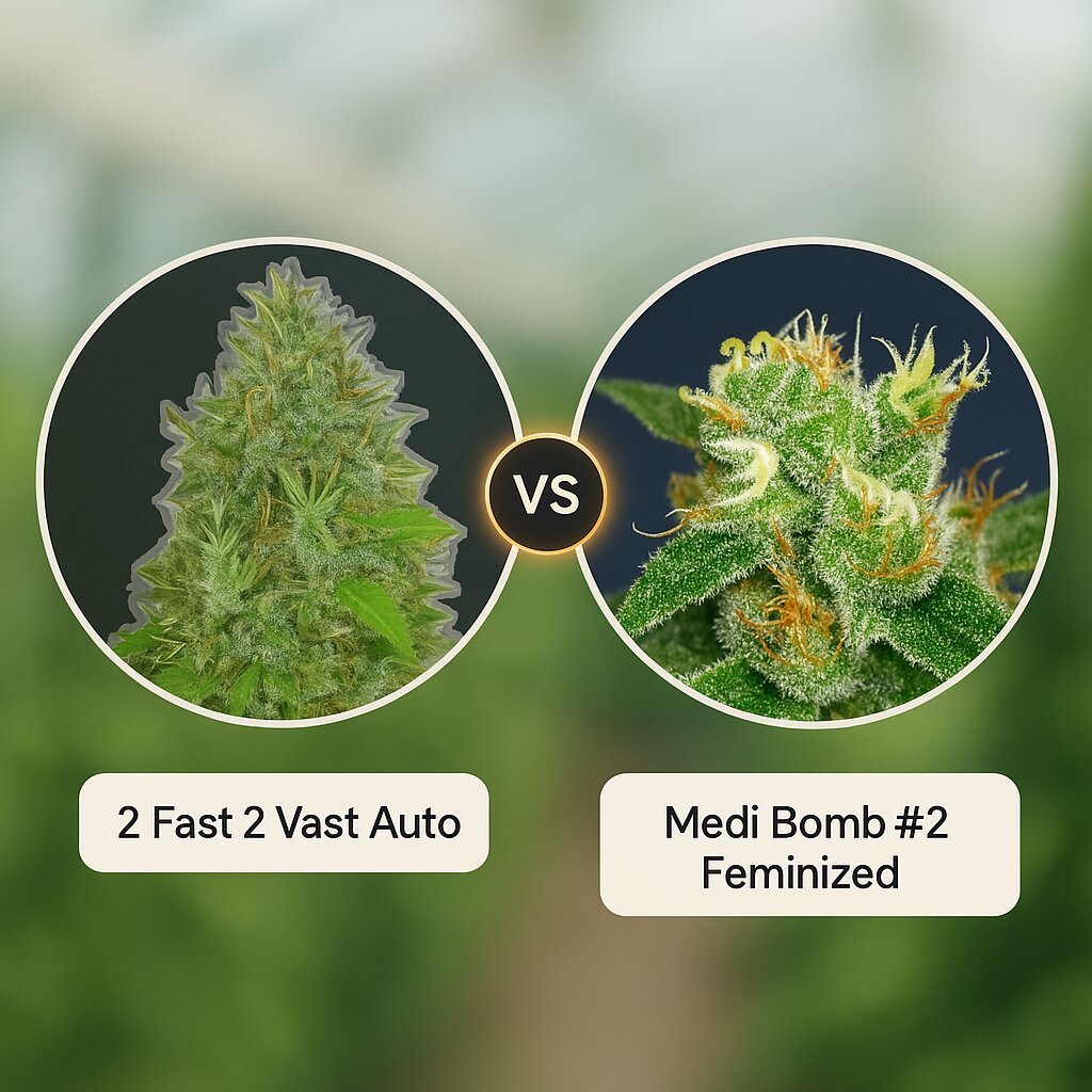 2 Fast 2 Vast Auto (Heavyweight Seeds) vs Medi Bomb #2 (Bomb Seeds) porównanie nasion konopi