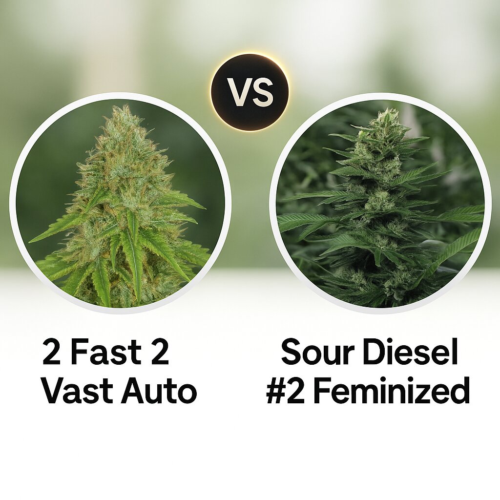 2 Fast 2 Vast Auto (Heavyweight Seeds) vs Sour Diesel #2 (Humboldt Seed Organization) porównanie nasion konopi
