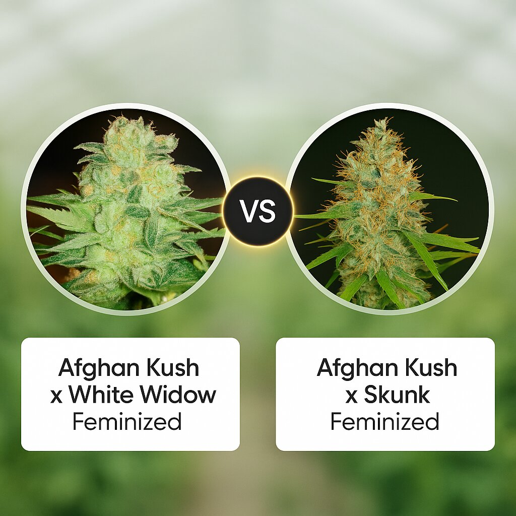 Afghan Kush x White Widow (World of Seeds) vs Afghan Kush x Skunk (World of Seeds) porównanie nasion konopi