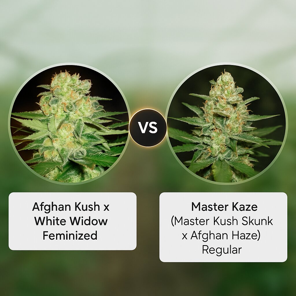 Afghan Kush x White Widow (World of Seeds) vs Master Kaze (Master Kush Skunk x Afghan Haze) (Mr Nice Seedbank) porównanie nasion konopi