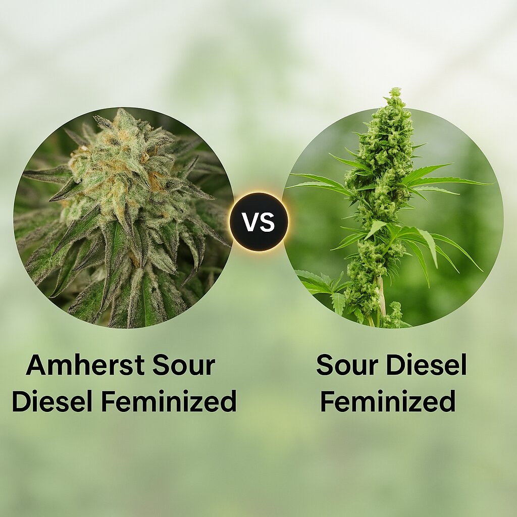 Amherst Sour Diesel (Humboldt Seed Organization) vs Sour Diesel (Bulldog Seeds) porównanie nasion konopi