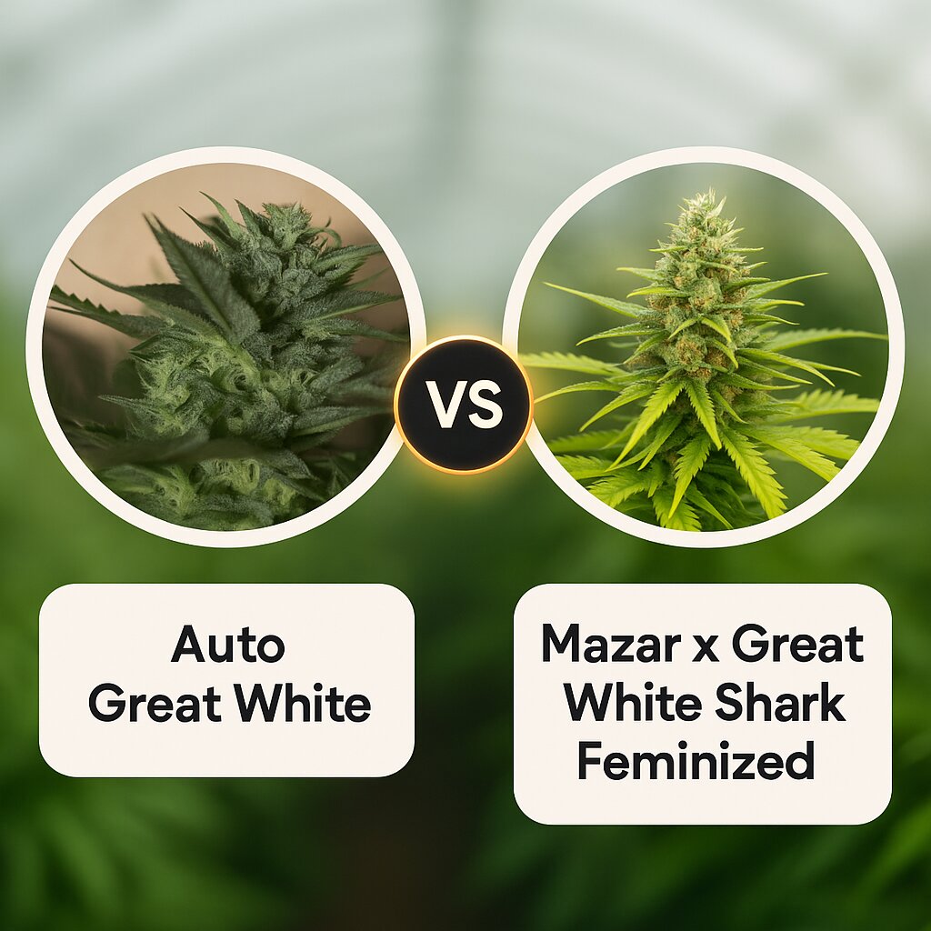 Auto Great White (Seedsman) vs Mazar x Great White Shark (World of Seeds) porównanie nasion konopi