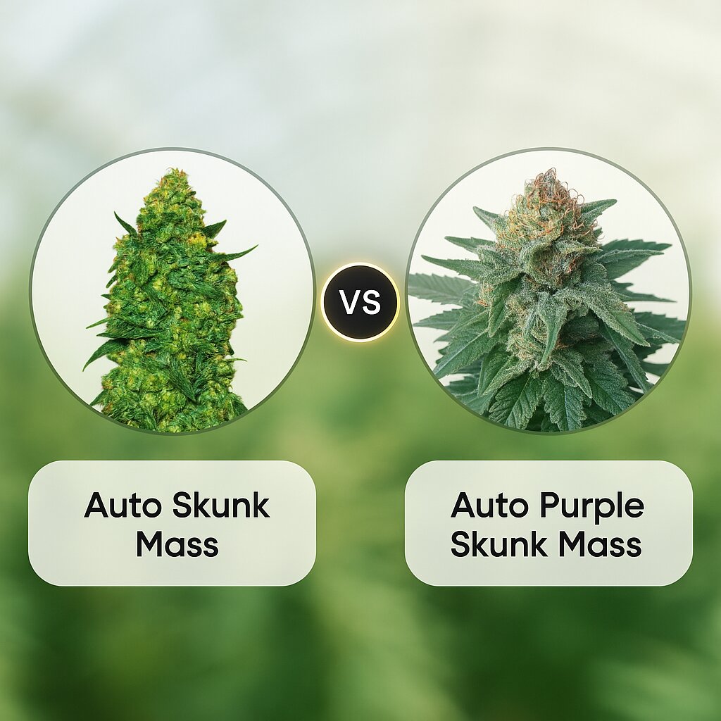 Auto Skunk Mass (Advanced Seeds) vs Auto Purple Skunk Mass (Critical Mass Collective) porównanie nasion konopi