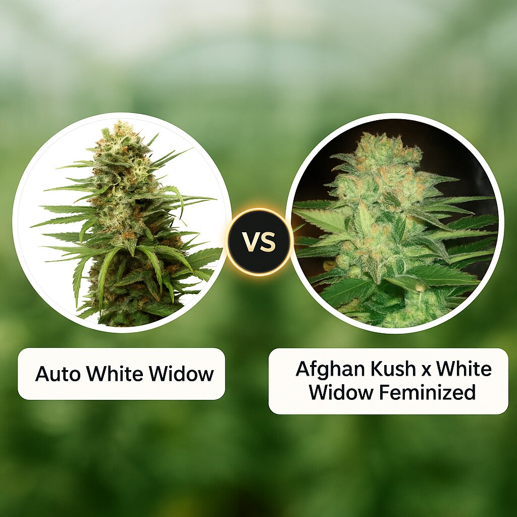 Auto White Widow (Dutch Passion) vs Afghan Kush x White Widow (World of Seeds) porównanie nasion konopi
