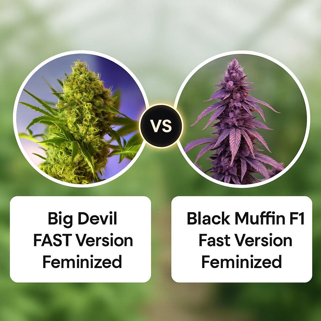 Big Devil FAST Version (Sweet Seeds) vs Black Muffin F1 Fast Version (Sweet Seeds) porównanie nasion konopi