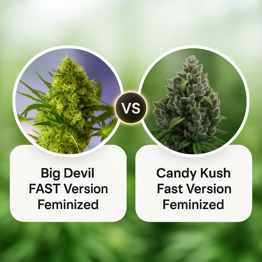 Big Devil FAST Version (Sweet Seeds) vs Candy Kush Fast Version (Royal Queen Seeds) porównanie nasion konopi