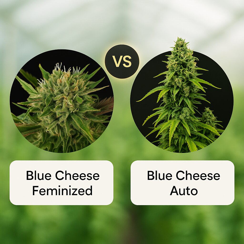 Blue Cheese (DinaFem Seeds) vs Blue Cheese Auto (DinaFem Seeds) porównanie nasion konopi
