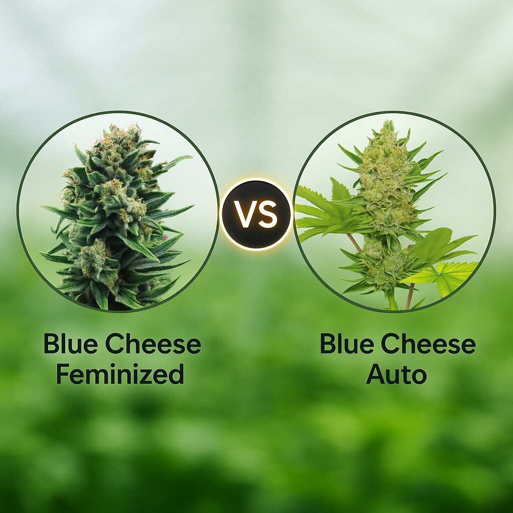 Blue Cheese (Royal Queen Seeds) vs Blue Cheese Auto (Barneys Farm) porównanie nasion konopi