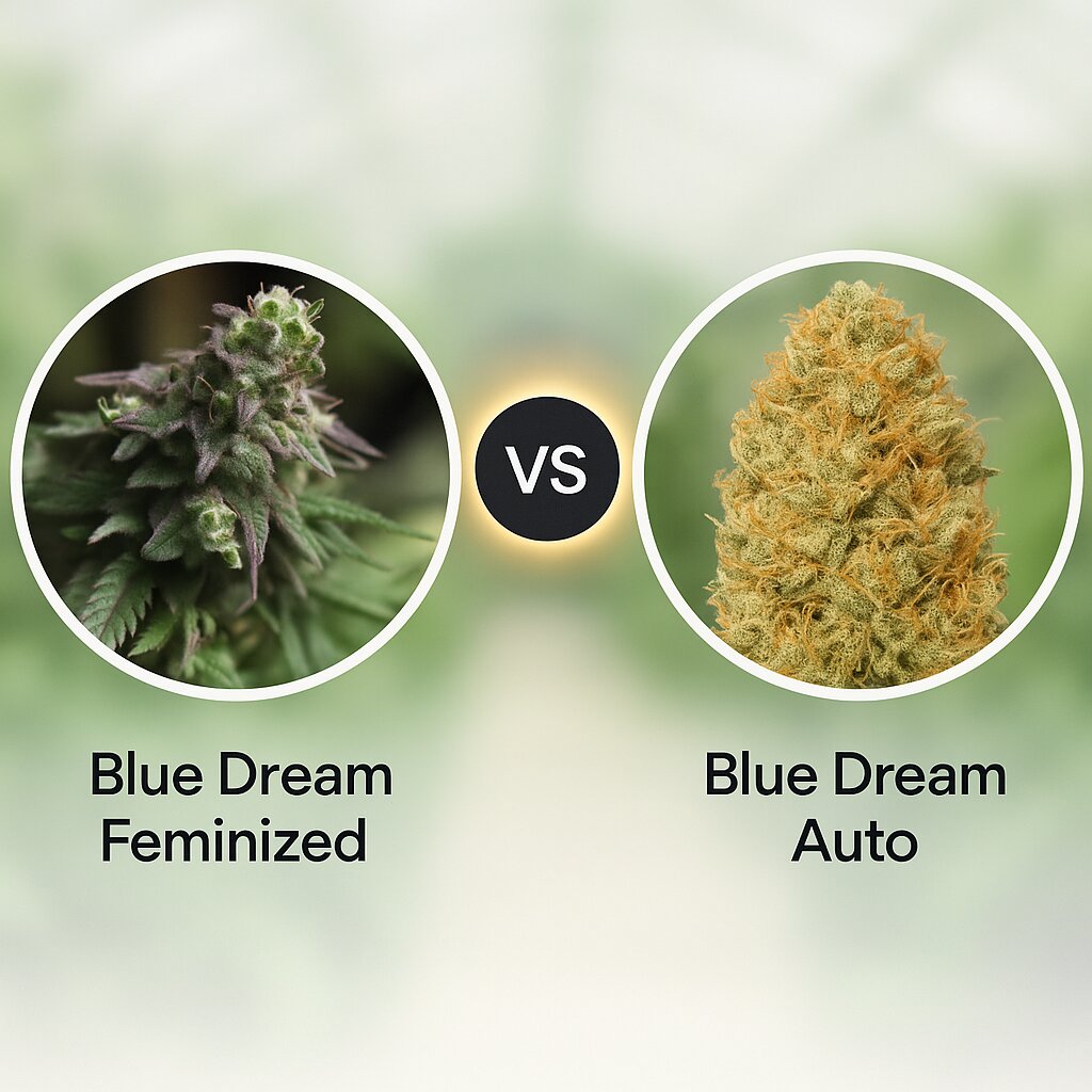 Blue Dream (Bulldog Seeds) vs Blue Dream Auto (Humboldt Seed Organization) porównanie nasion konopi
