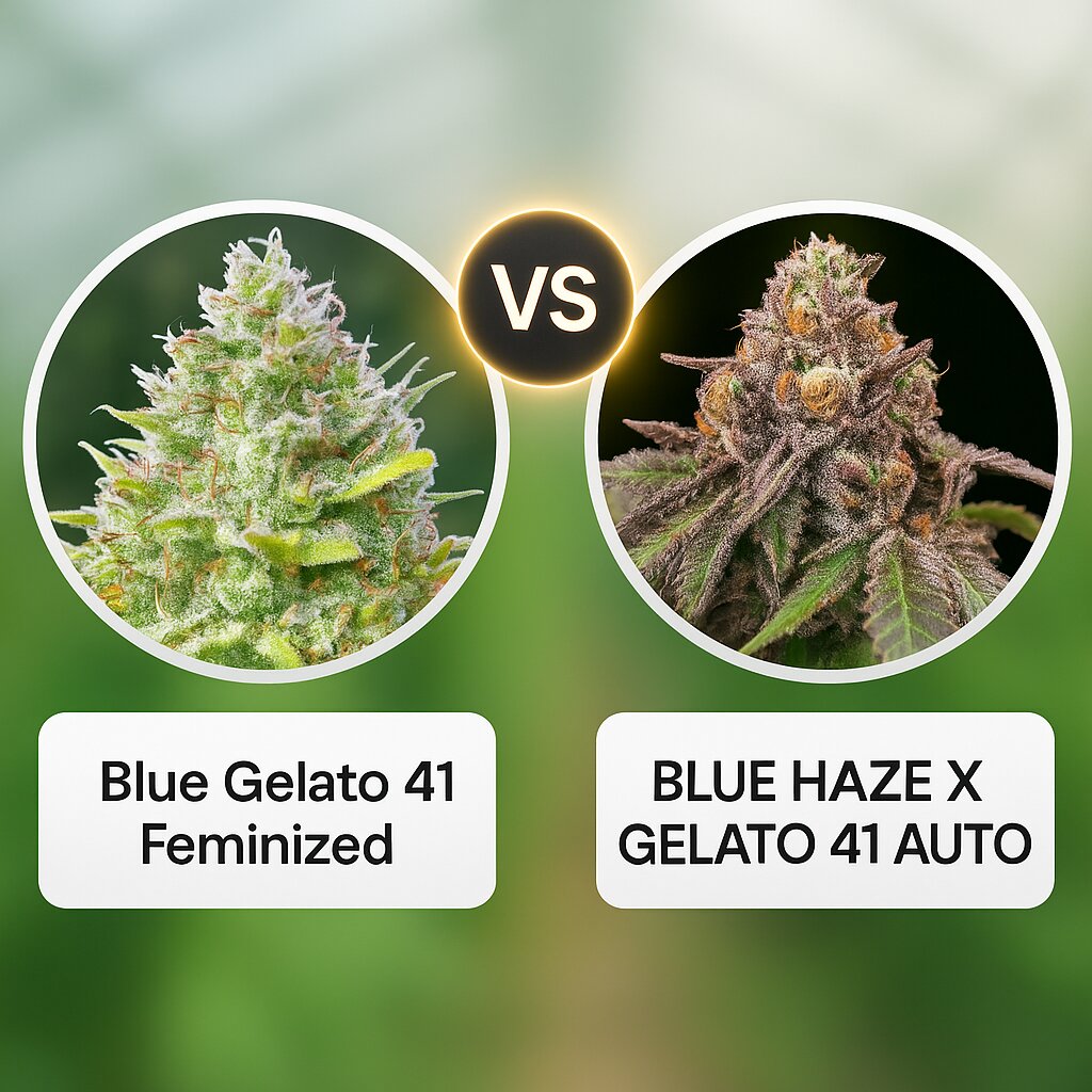 Blue Gelato 41 (Barneys Farm) vs BLUE HAZE X GELATO 41 AUTO (Greenhouse Seed Co) porównanie nasion konopi