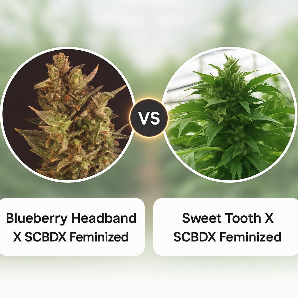 Blueberry Headband X SCBDX (SuperCBDx) vs Sweet Tooth X SCBDX (SuperCBDx) porównanie nasion konopi