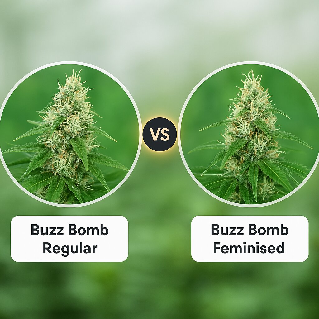 Buzz Bomb (Bomb Seeds) vs Buzz Bomb Feminised (Bomb Seeds) porównanie nasion konopi