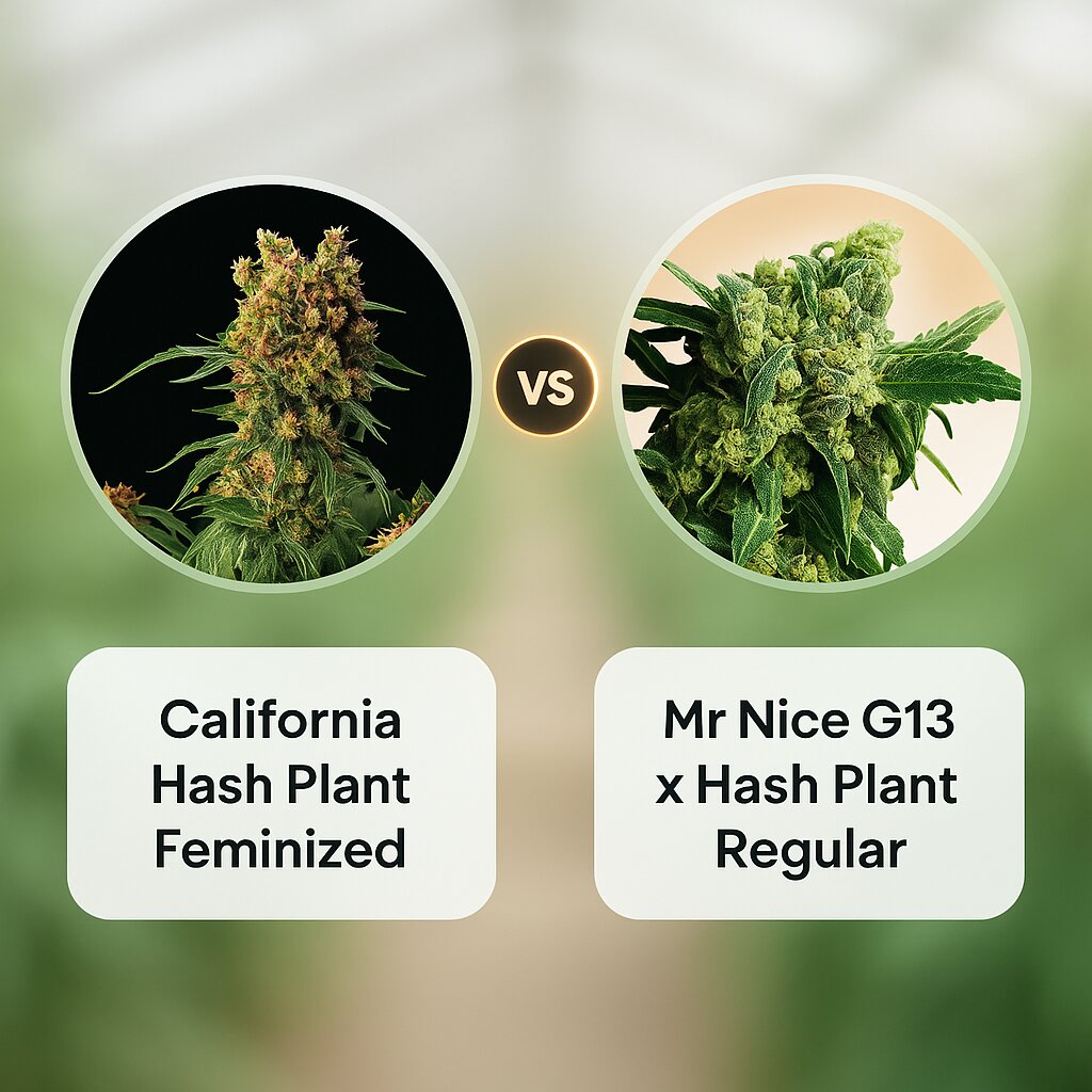 California Hash Plant (DinaFem Seeds) vs Mr Nice G13 x Hash Plant (Sensi Seeds) porównanie nasion konopi