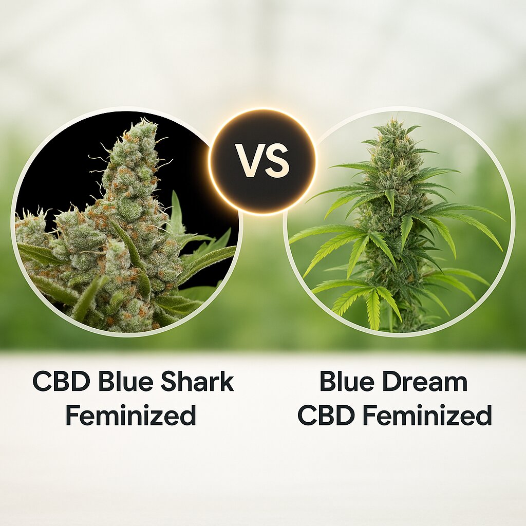 CBD Blue Shark (Barneys Farm) vs Blue Dream CBD (Humboldt Seed Organization) porównanie nasion konopi