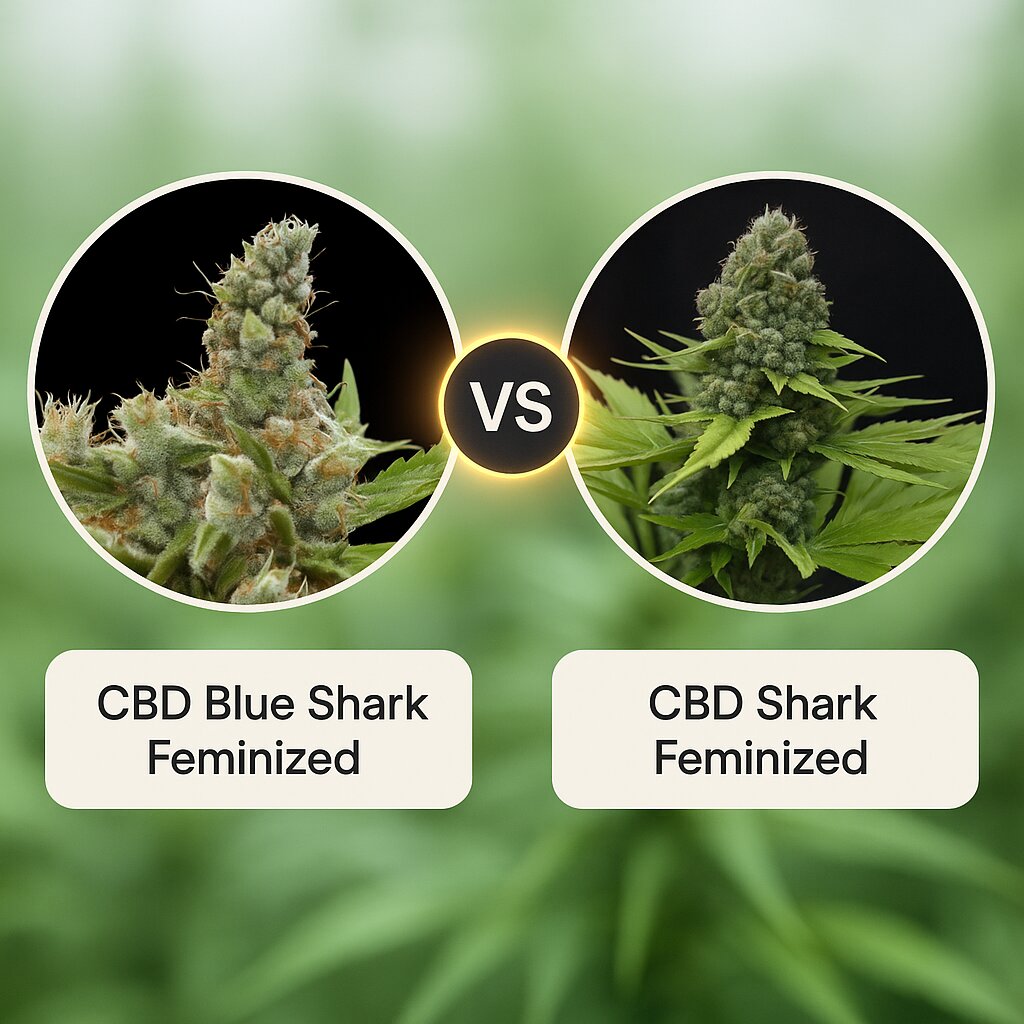 CBD Blue Shark (Barneys Farm) vs CBD Shark (CBD Crew) porównanie nasion konopi