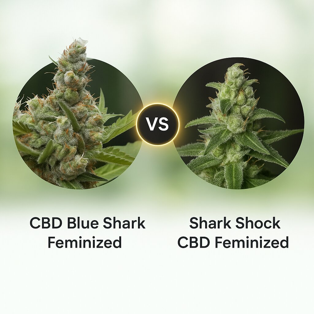 CBD Blue Shark (Barneys Farm) vs Shark Shock CBD (DinaFem Seeds) porównanie nasion konopi