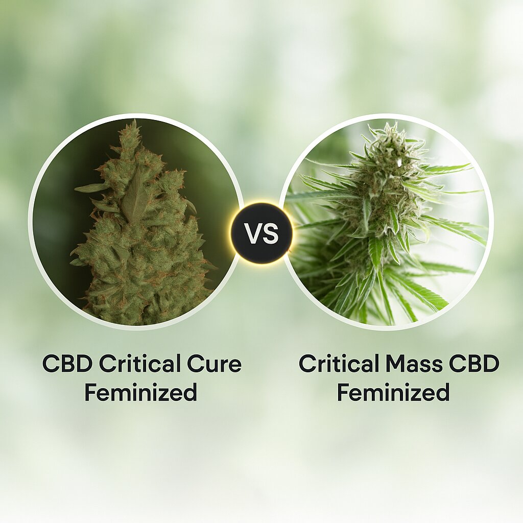 CBD Critical Cure (Barneys Farm) vs Critical Mass CBD (DinaFem Seeds) porównanie nasion konopi