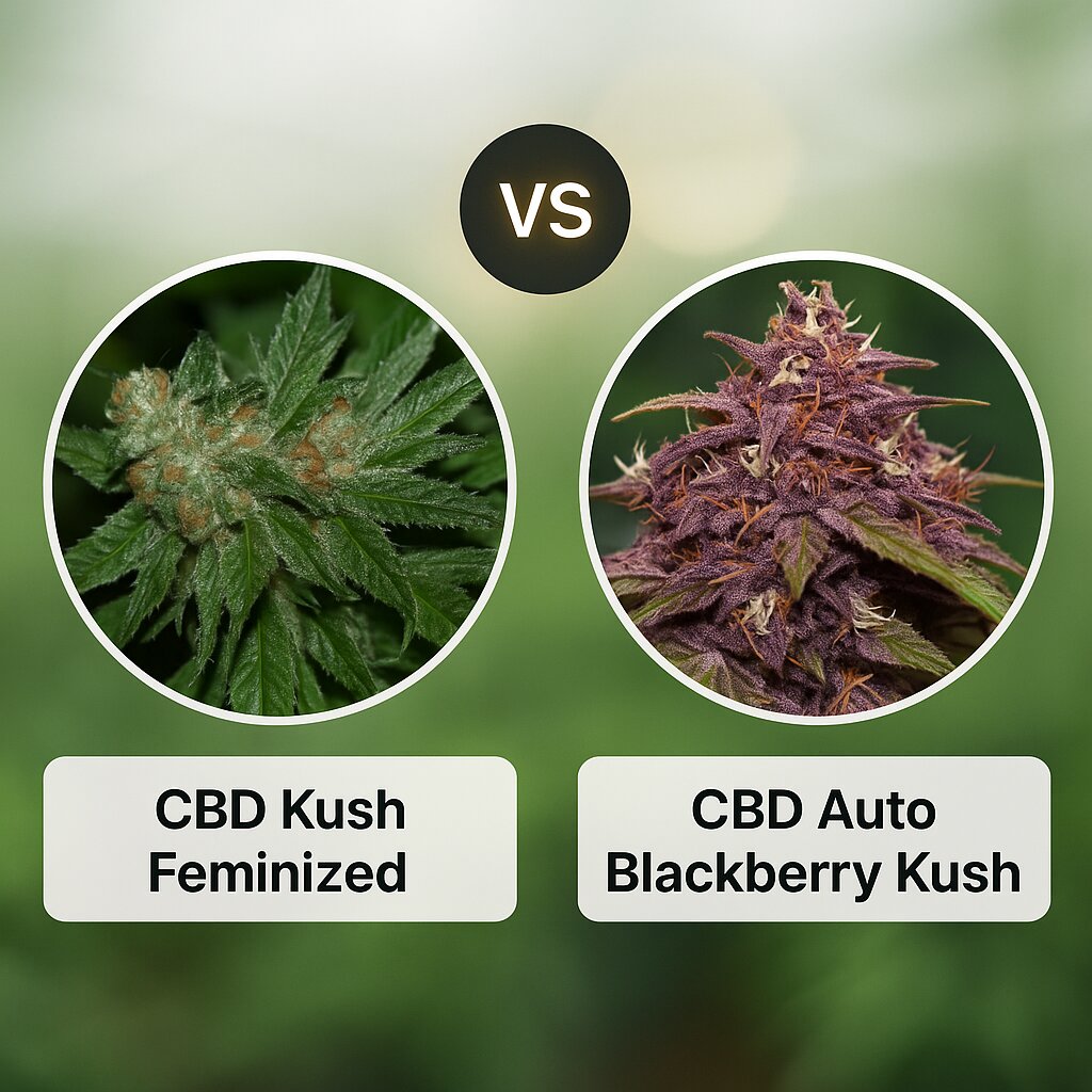 CBD Kush (Dutch Passion) vs CBD Auto Blackberry Kush (Dutch Passion) Porównanie nasion konopi