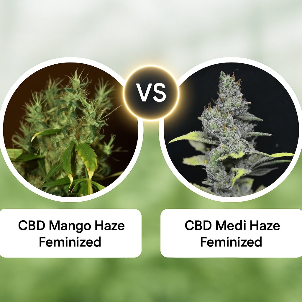CBD Mango Haze (CBD Crew) vs CBD Medi Haze (CBD Crew) porównanie nasion konopi