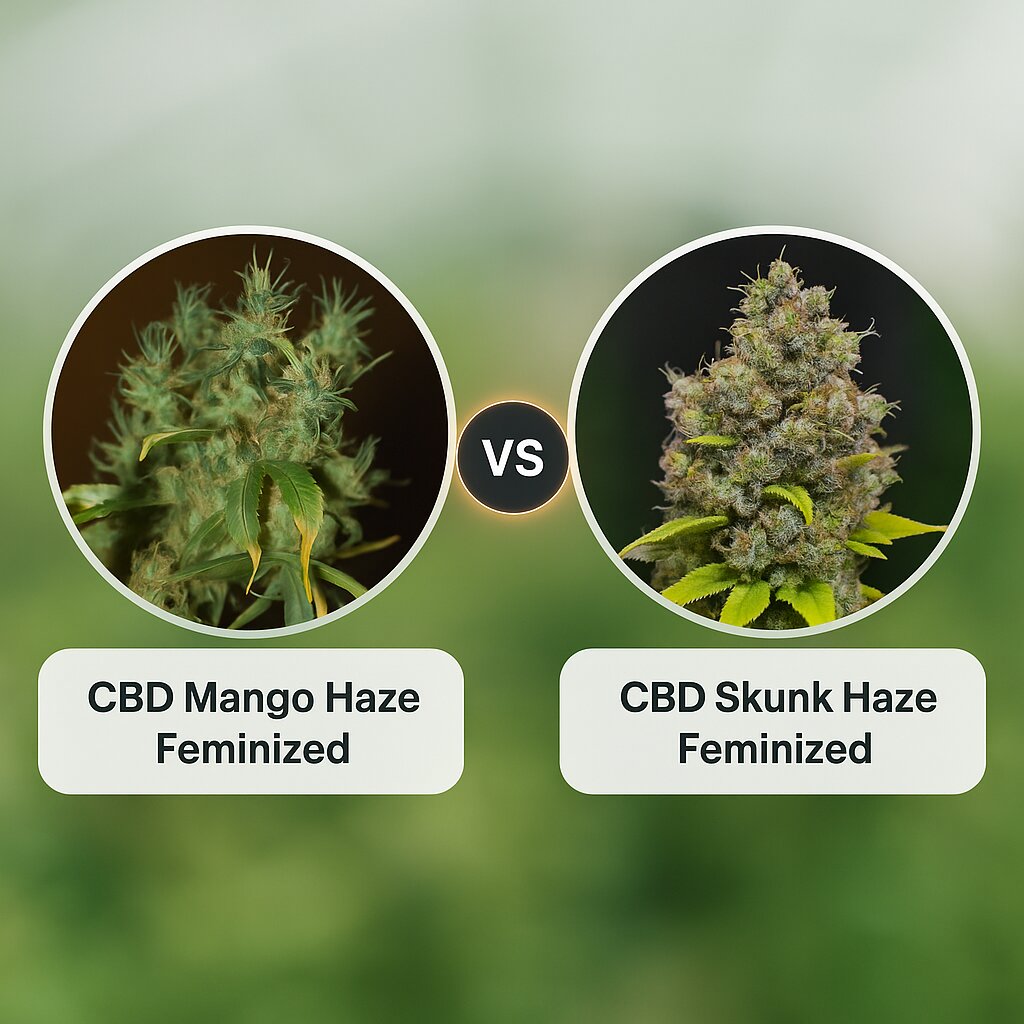 CBD Mango Haze (CBD Crew) vs CBD Skunk Haze (CBD Crew) porównanie nasion konopi