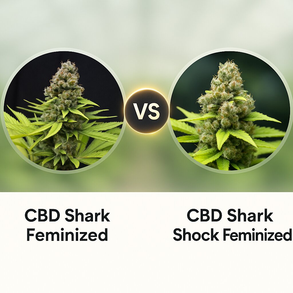 CBD Shark (CBD Crew) vs CBD Shark Shock (Seedsman) porównanie nasion konopi