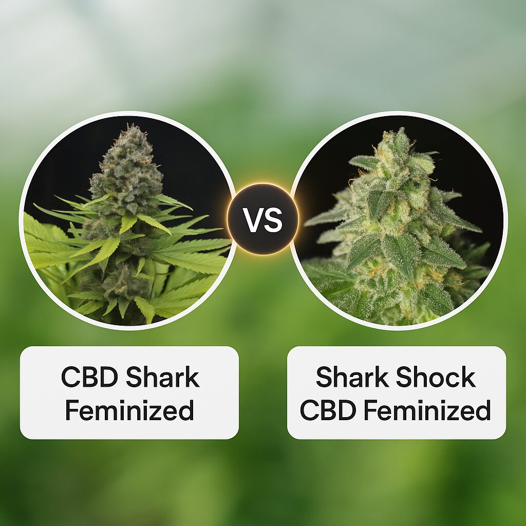 CBD Shark (CBD Crew) vs Shark Shock CBD (DinaFem Seeds) porównanie nasion konopi