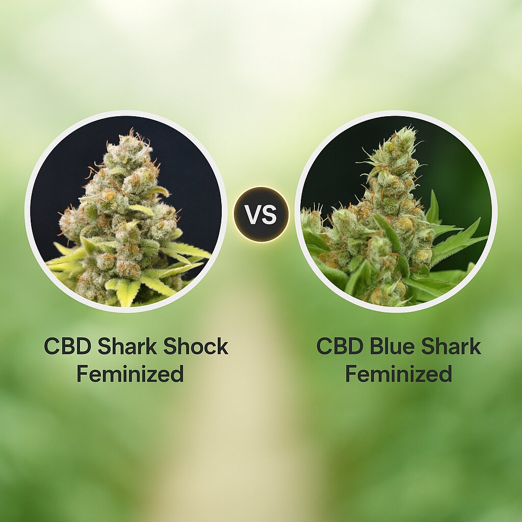 CBD Shark Shock (Seedsman) vs CBD Blue Shark (Barneys Farm) porównanie nasion konopi