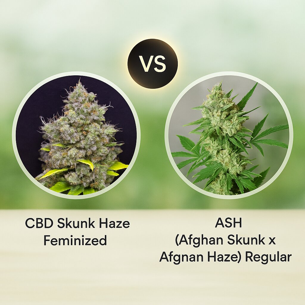CBD Skunk Haze (CBD Crew) vs ASH (Afghan Skunk x Afghan Haze) (Mr Nice Seedbank) porównanie nasion konopi
