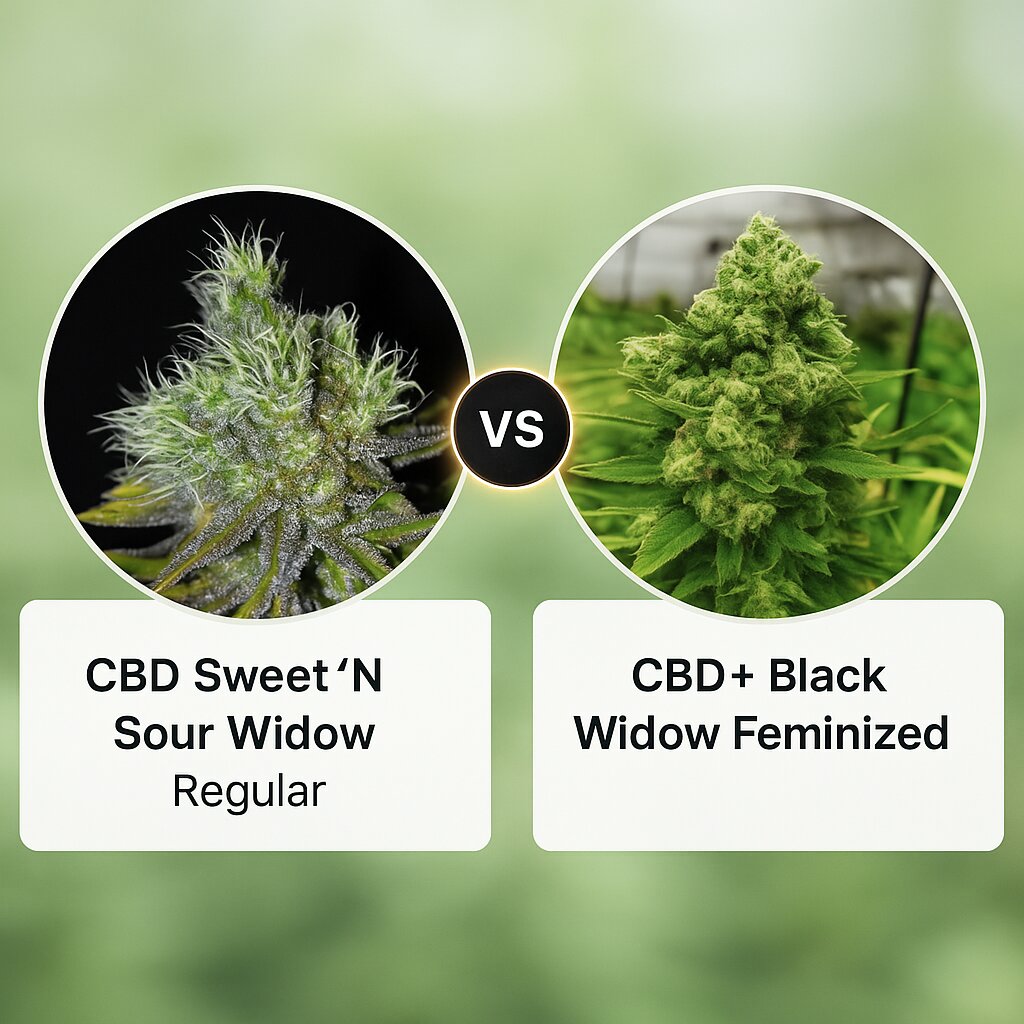 CBD Sweet 'N Sour Widow (Seedsman) vs CBD+ Black Widow (Positronics) porównanie nasion konopi