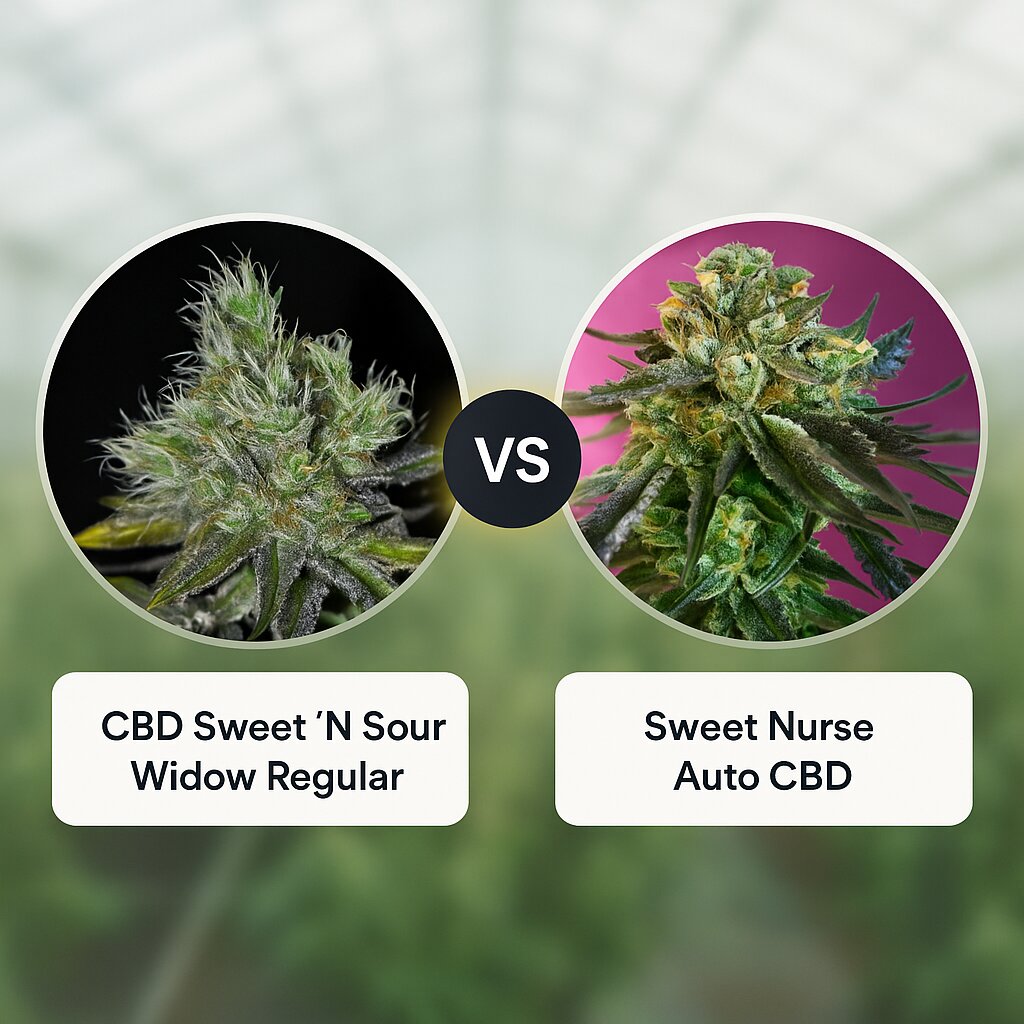 CBD Sweet 'N Sour Widow (Seedsman) vs Sweet Nurse Auto CBD (Sweet Seeds) porównanie nasion konopi