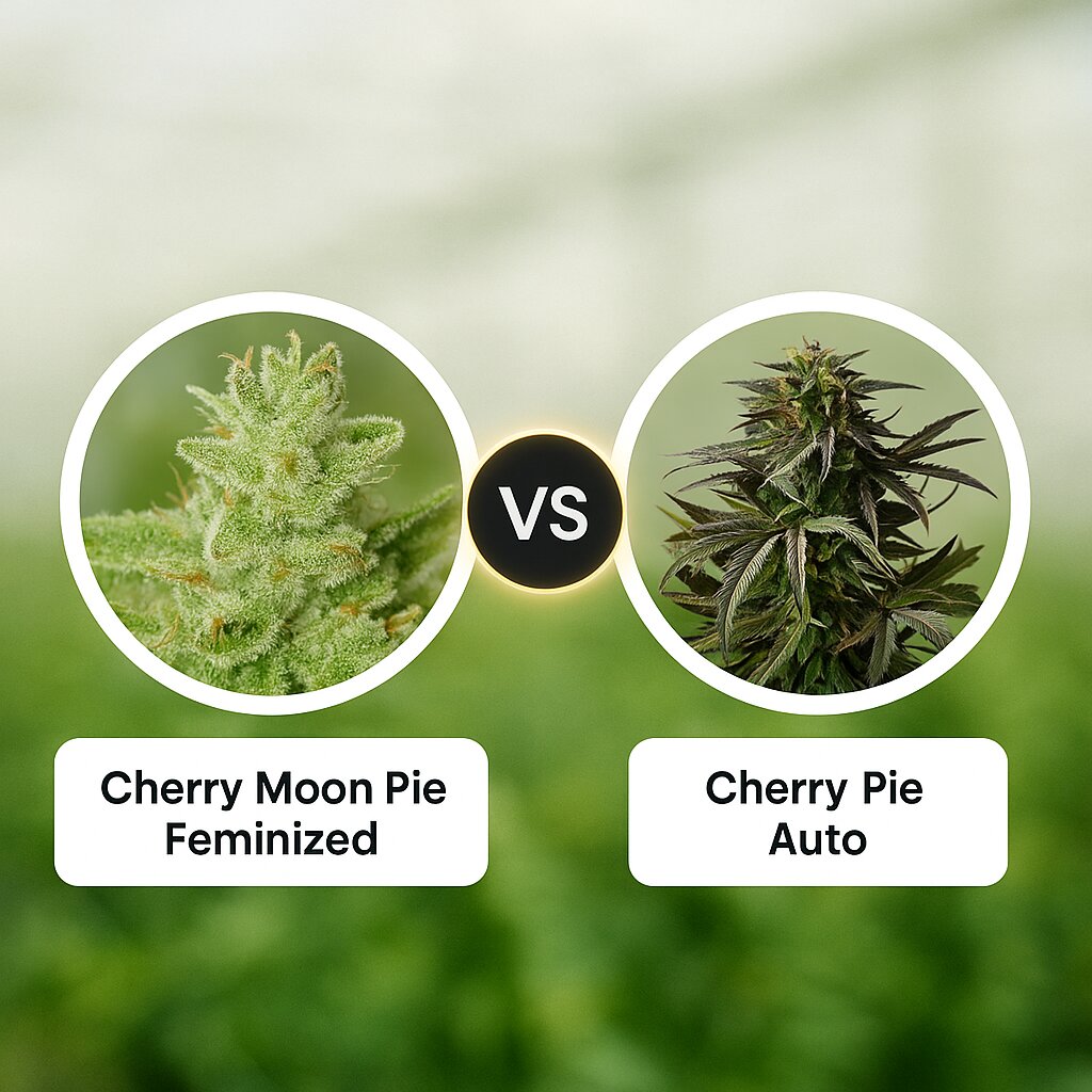 Cherry Moon Pie (Big Buddha Seeds) vs Cherry Pie Auto (Royal Queen Seeds) porównanie nasion konopi
