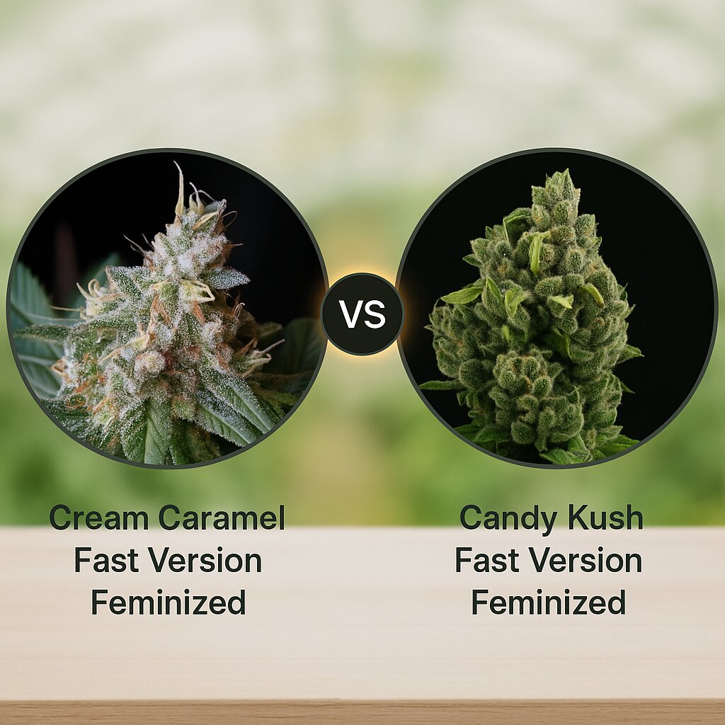 Cream Caramel Fast Version (Sweet Seeds) vs Candy Kush Fast Version (Royal Queen Seeds) porównanie nasion konopi