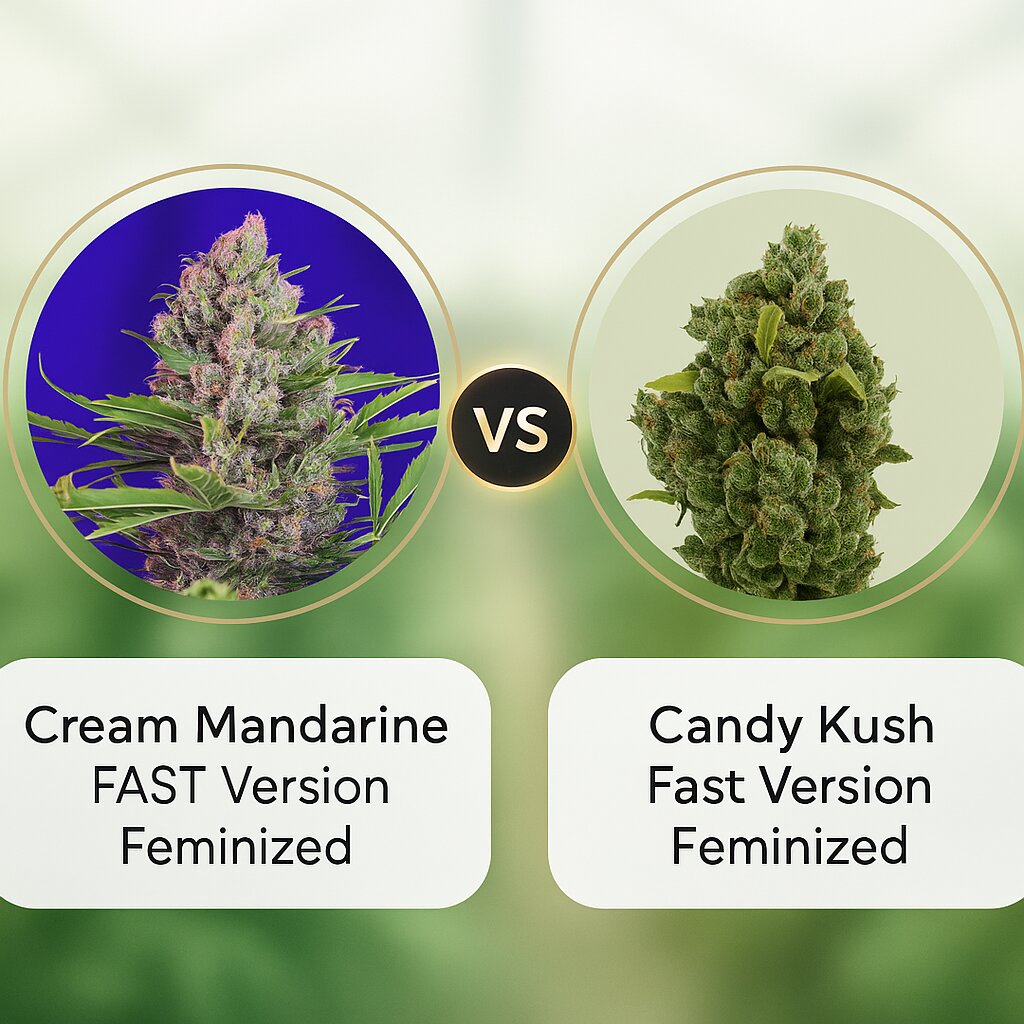 Cream Mandarine FAST Version (Sweet Seeds) vs Candy Kush Fast Version (Royal Queen Seeds) porównanie nasion konopi