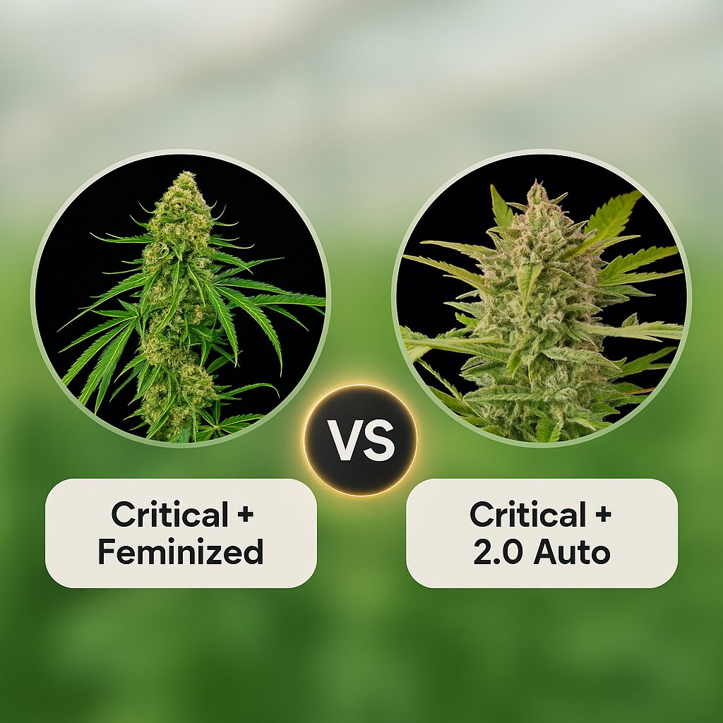 Critical + (DinaFem Seeds) vs Critical + 2.0 Auto (DinaFem Seeds) porównanie nasion konopi