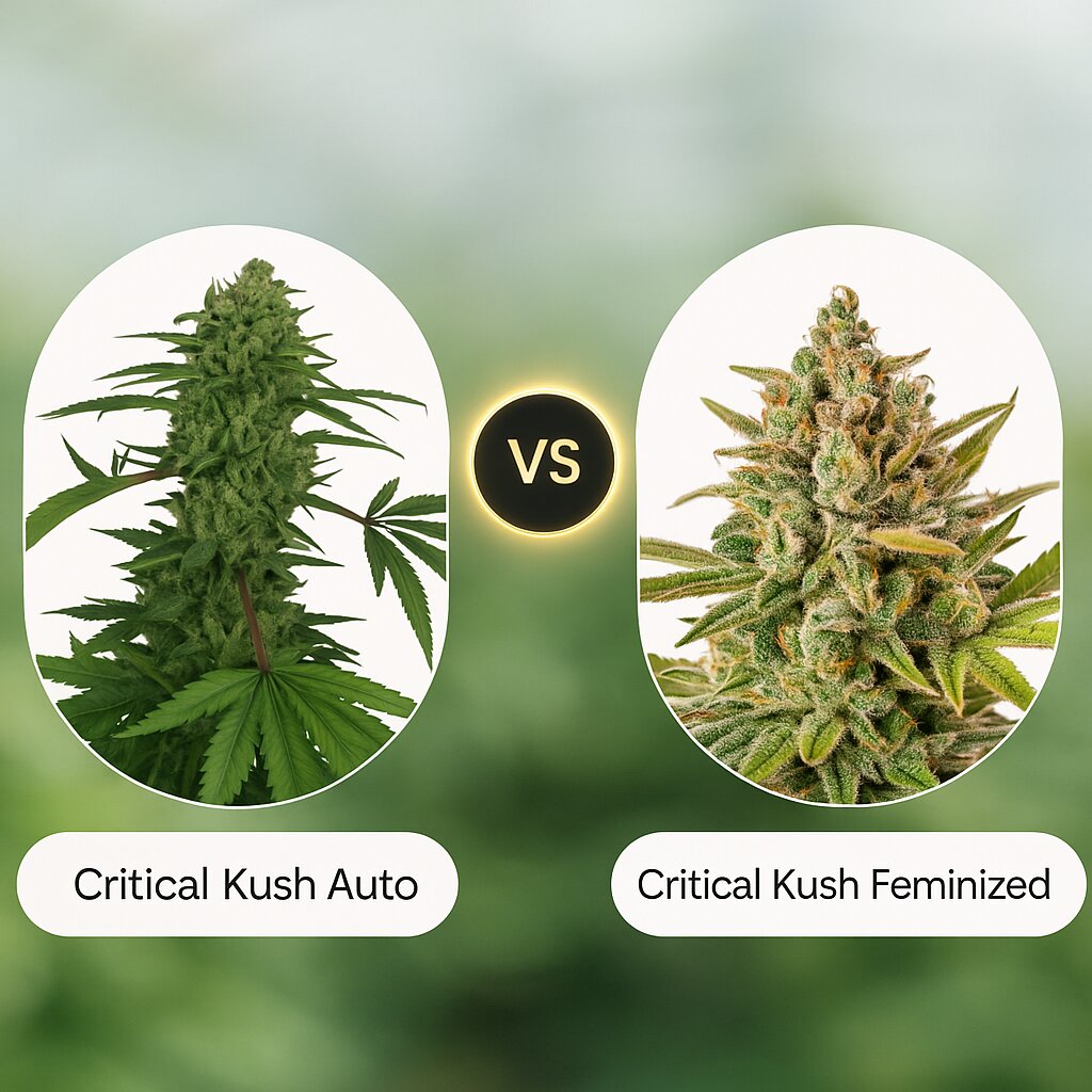 Critical Kush Auto (Barneys Farm) vs Critical Kush (DinaFem Seeds) porównanie nasion konopi