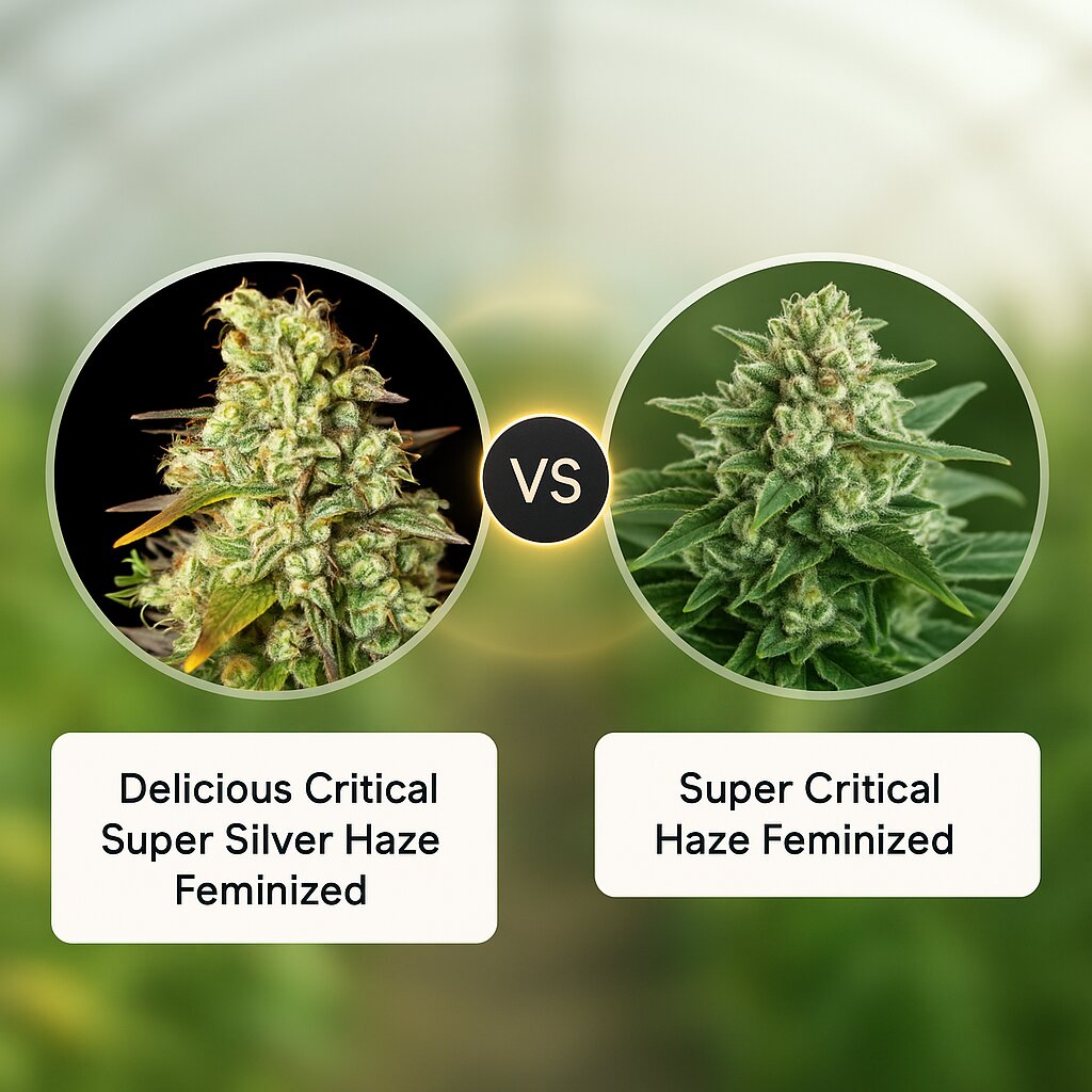 Delicious Critical Super Silver Haze (Delicious Seeds) vs Super Critical Haze (DinaFem Seeds) porównanie nasion konopi