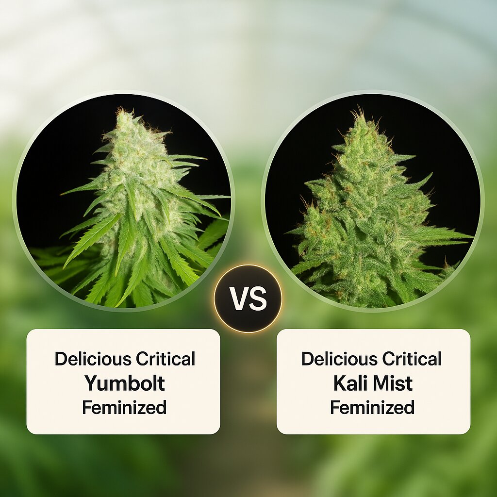 Delicious Critical Yumbolt (Delicious Seeds) vs Delicious Critical Kali Mist (Delicious Seeds) porównanie nasion konopi