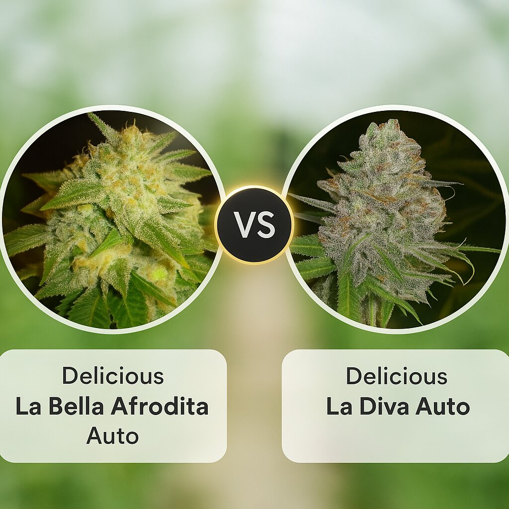 Delicious La Bella Afrodita Auto (Delicious Seeds) vs Delicious La Diva Auto (Delicious Seeds) porównanie nasion konopi