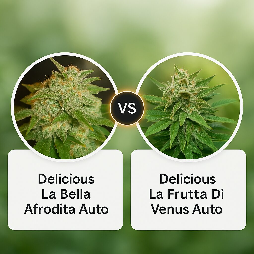 Delicious La Bella Afrodita Auto (Delicious Seeds) vs Delicious La Frutta Di Venus Auto (Delicious Seeds) porównanie nasion konopi