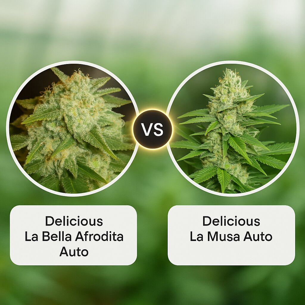 Delicious La Bella Afrodita Auto (Delicious Seeds) vs Delicious La Musa Auto (Delicious Seeds) porównanie nasion konopi