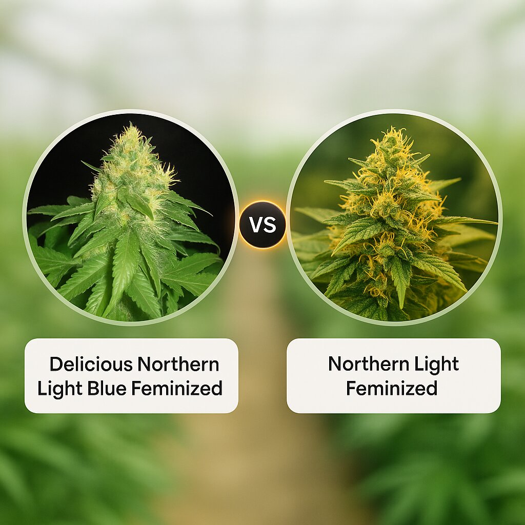 Delicious Northern Light Blue (Delicious Seeds) vs Northern Light (Nirvana Seeds) porównanie nasion konopi