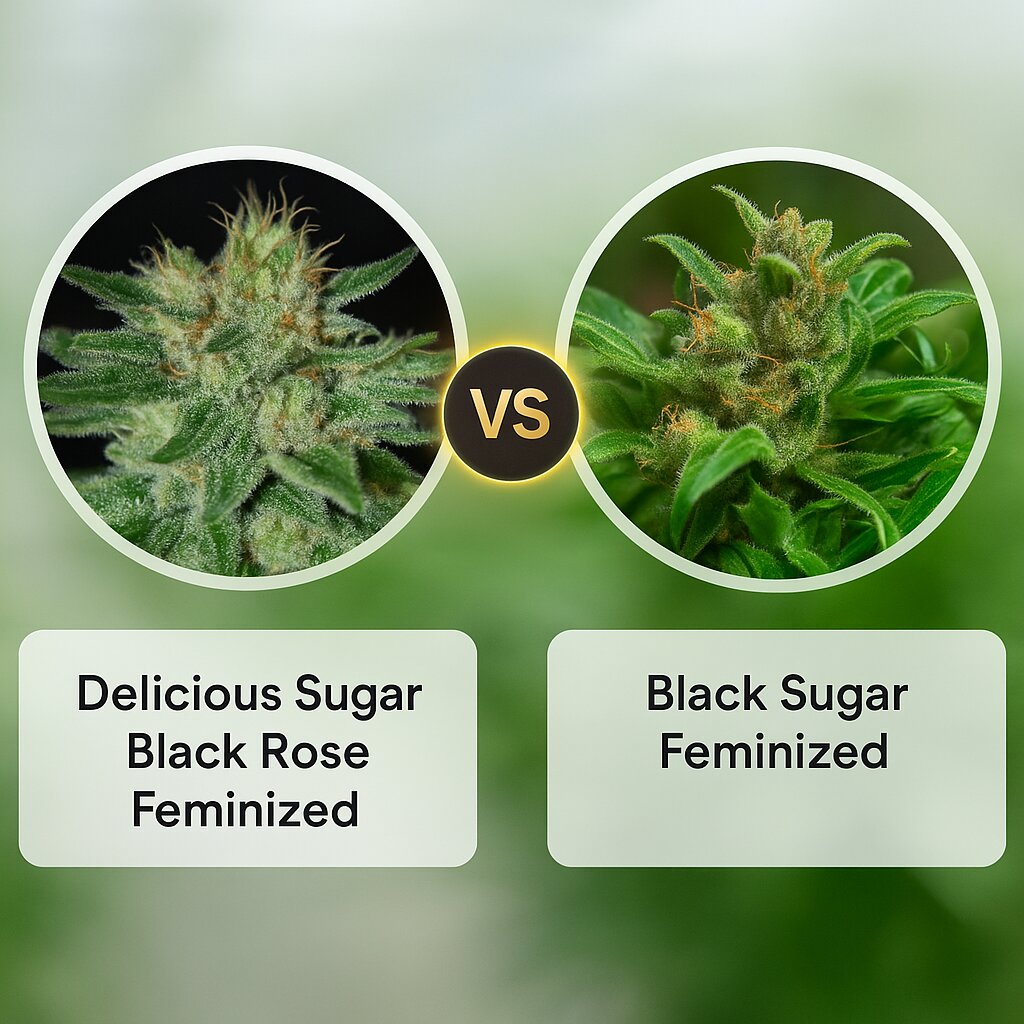 Delicious Sugar Black Rose (Delicious Seeds) vs Black Sugar (Female Seeds) porównanie nasion konopi
