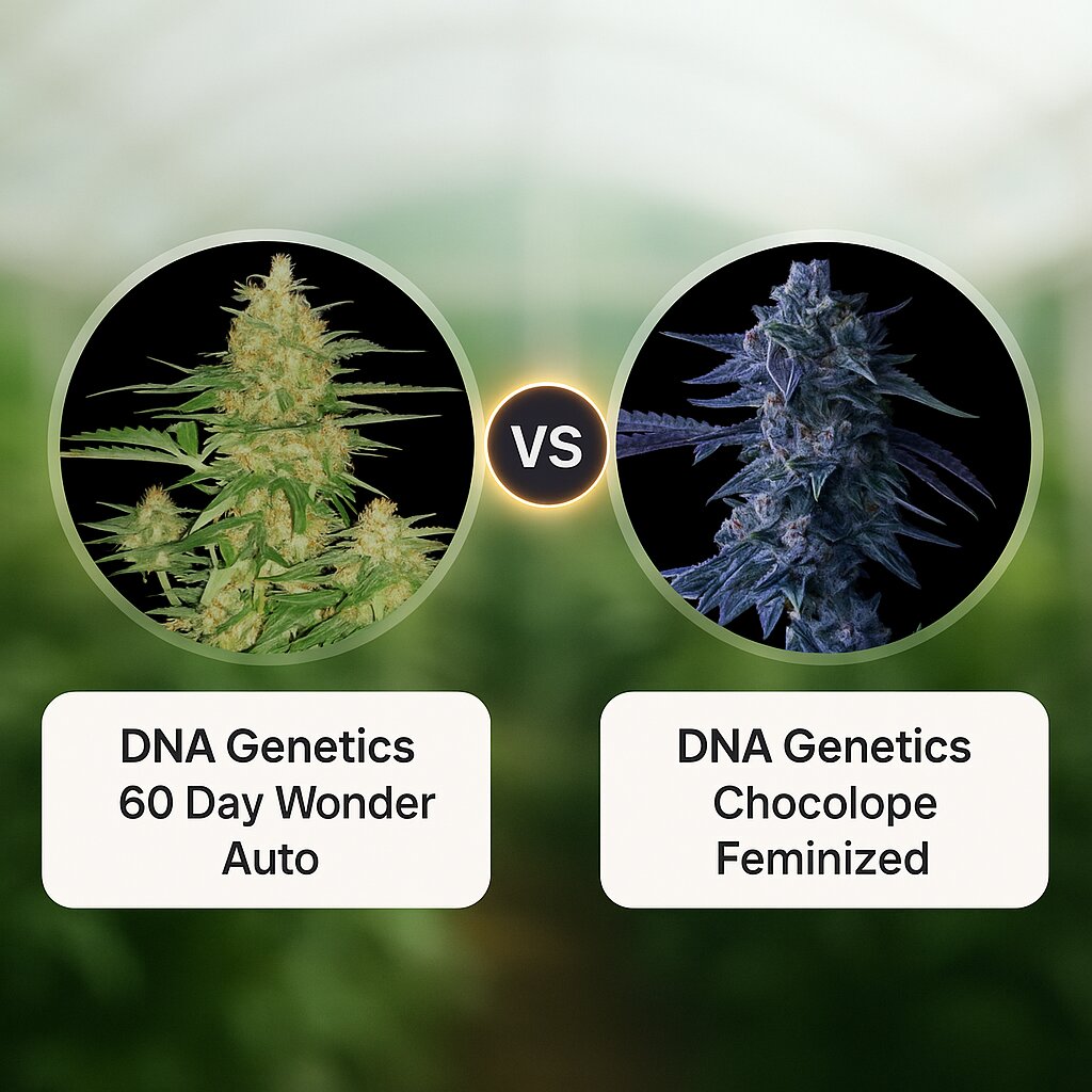 DNA Genetics 60 Day Wonder (DNA Genetics) vs DNA Genetics Chocolope (DNA Genetics) porównanie nasion konopi