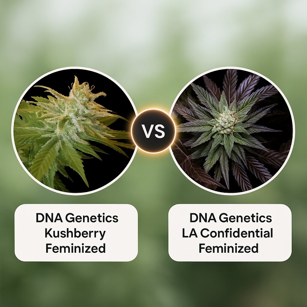 DNA Genetics Kushberry (DNA Genetics) vs DNA Genetics LA Confidential (DNA Genetics) porównanie nasion konopi