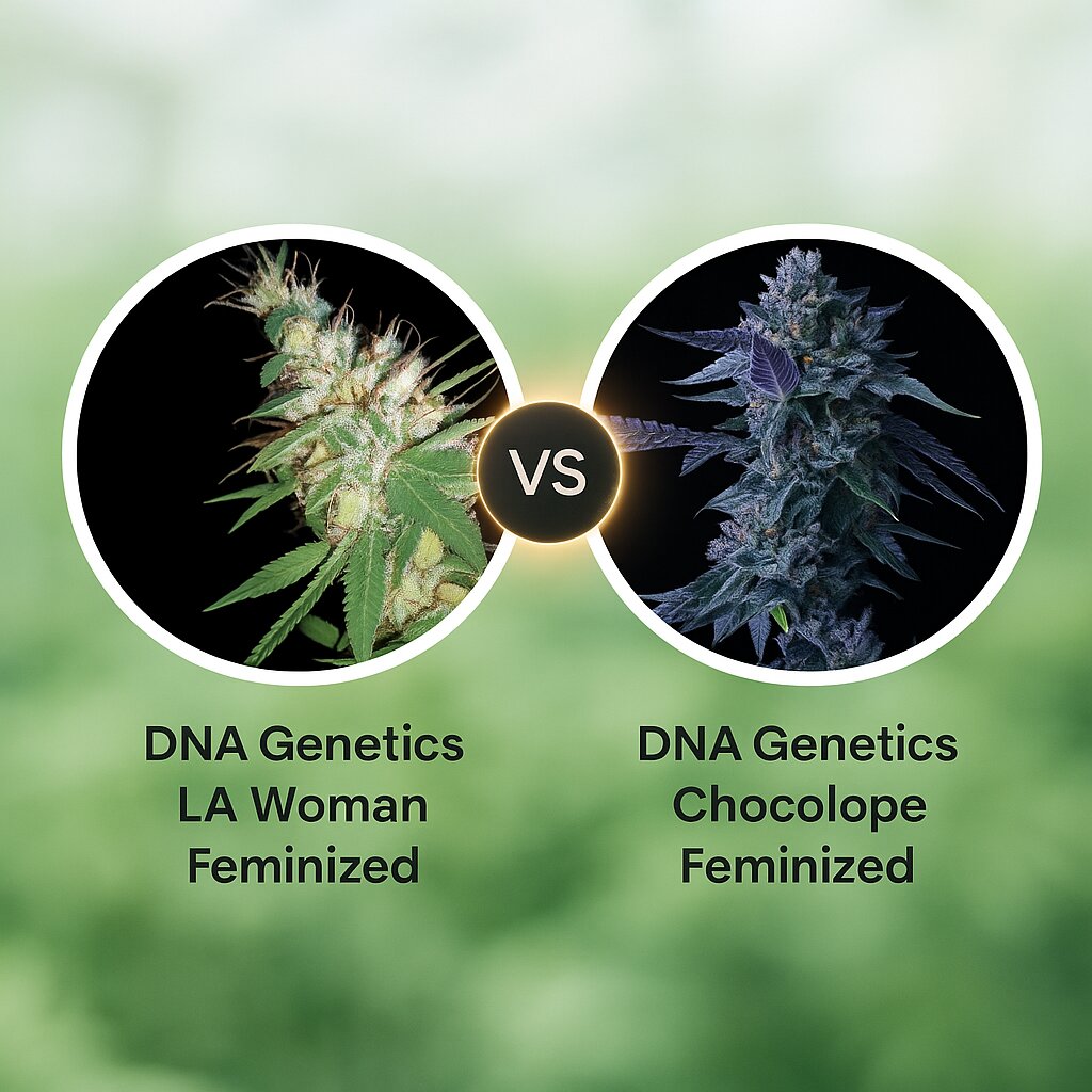 DNA Genetics LA Woman (DNA Genetics) vs DNA Genetics Chocolope (DNA Genetics) porównanie nasion konopi