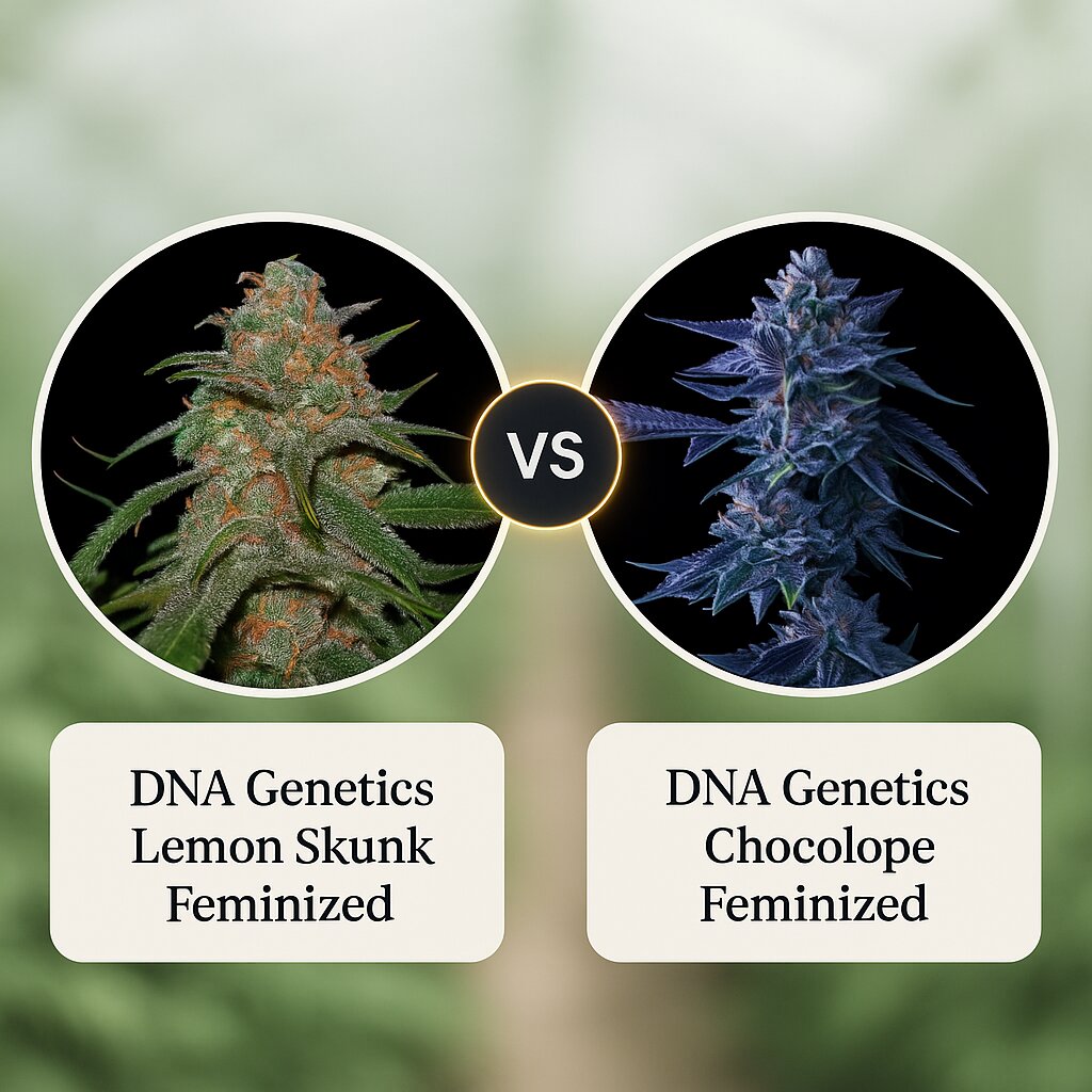DNA Genetics Lemon Skunk (DNA Genetics) vs DNA Genetics Chocolope (DNA Genetics) porównanie nasion konopi