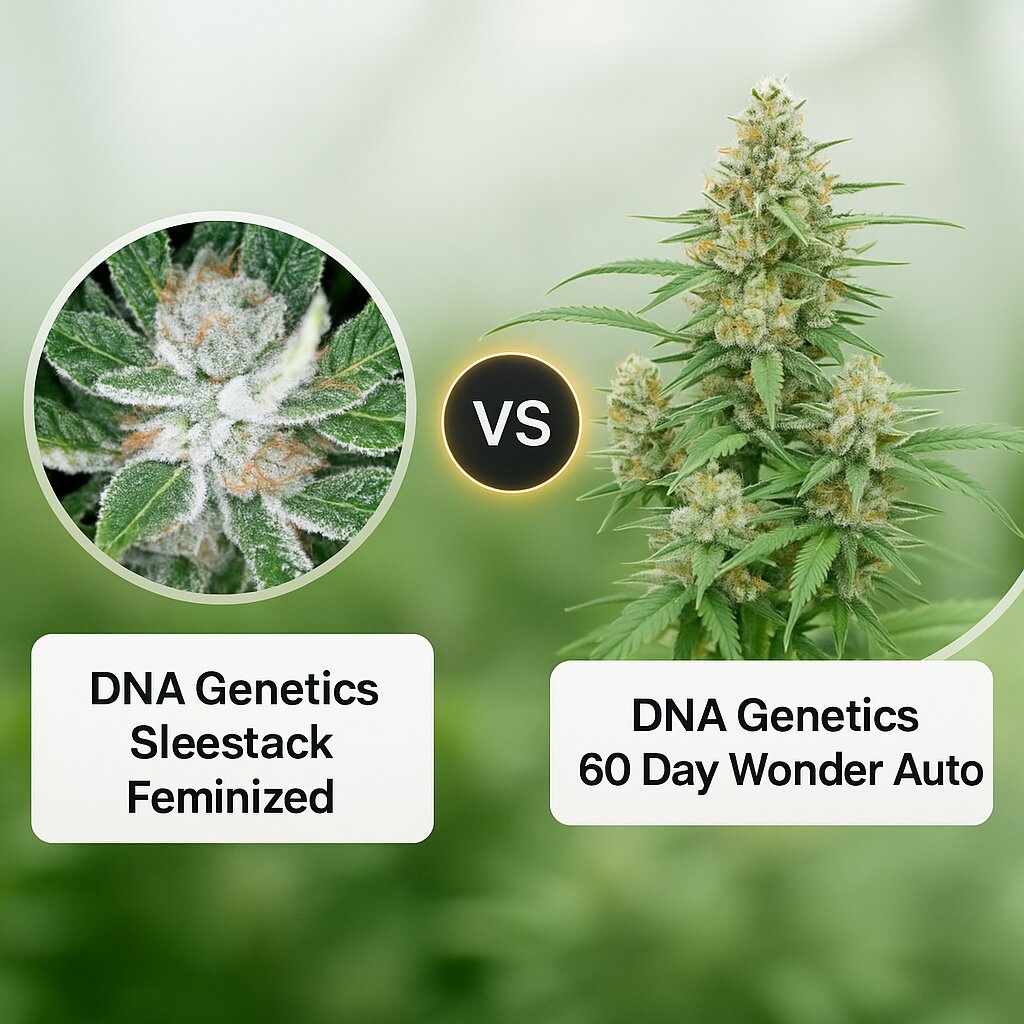 DNA Genetics Sleestack (DNA Genetics) vs DNA Genetics 60 Day Wonder (DNA Genetics) porównanie nasion konopi