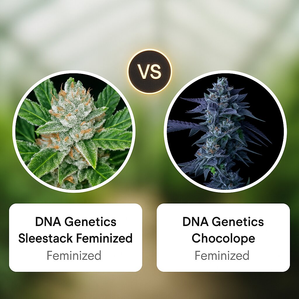 DNA Genetics Sleestack (DNA Genetics) vs DNA Genetics Chocolope (DNA Genetics) porównanie nasion konopi