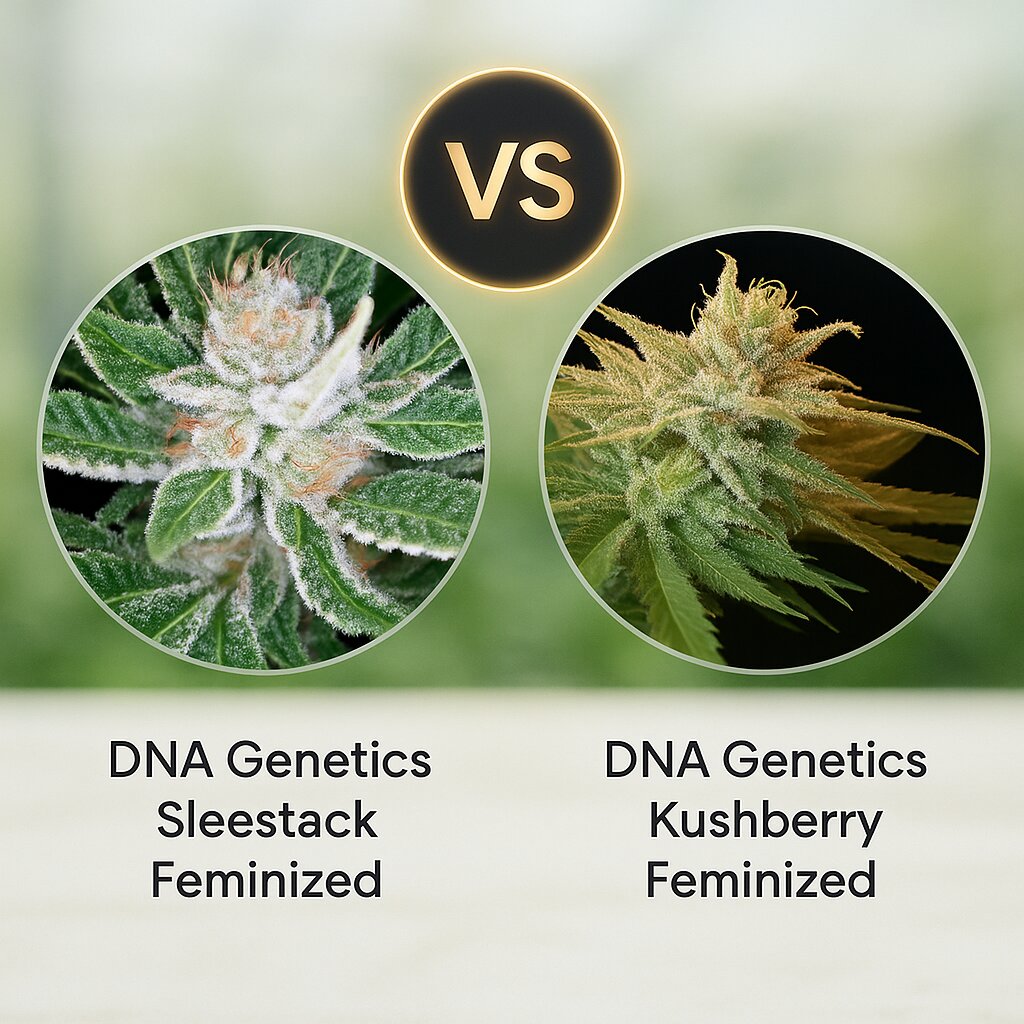 DNA Genetics Sleestack (DNA Genetics) vs DNA Genetics Kushberry (DNA Genetics) porównanie nasion konopi