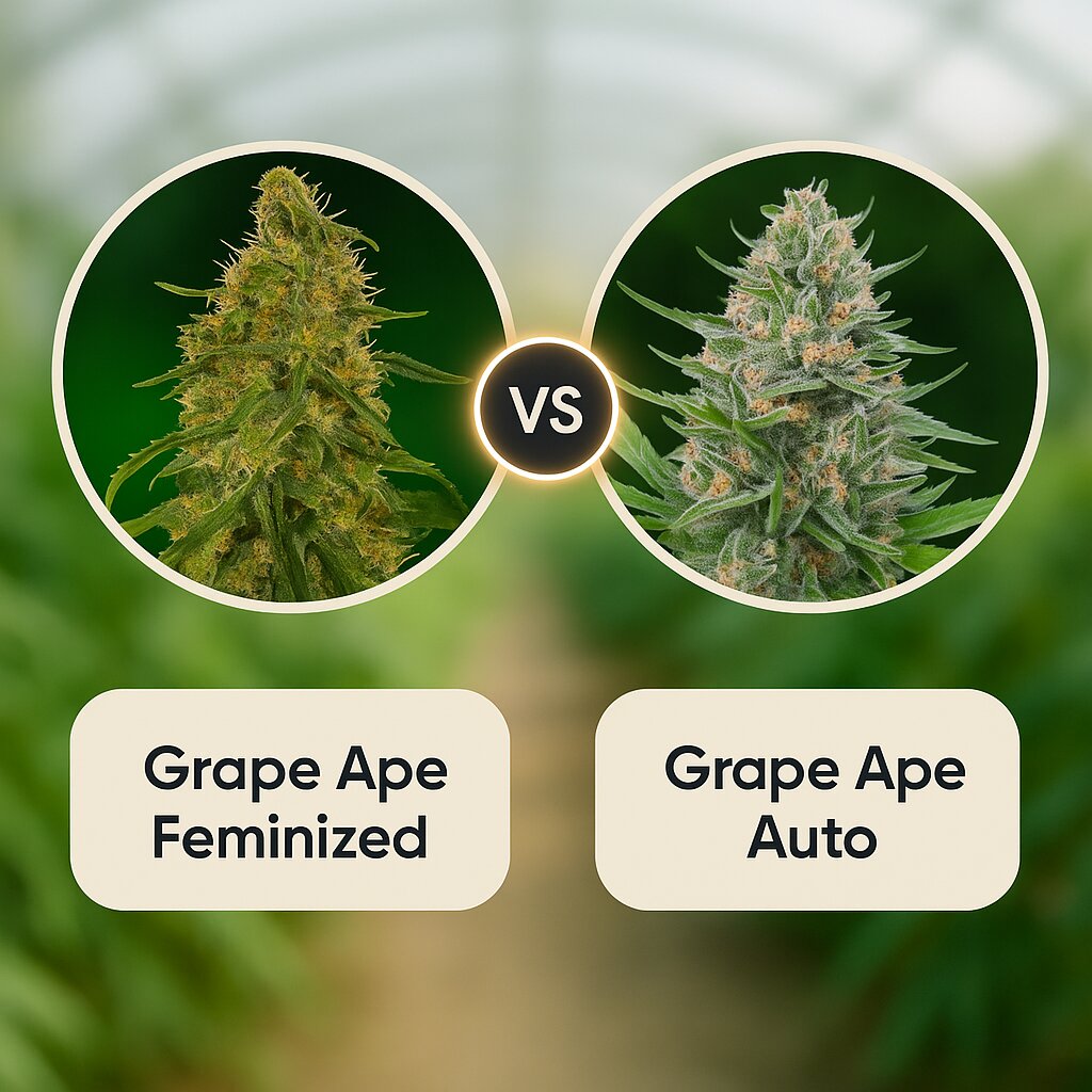 Grape Ape (Barneys Farm) vs Grape Ape Auto (Royal Queen Seeds) porównanie nasion konopi